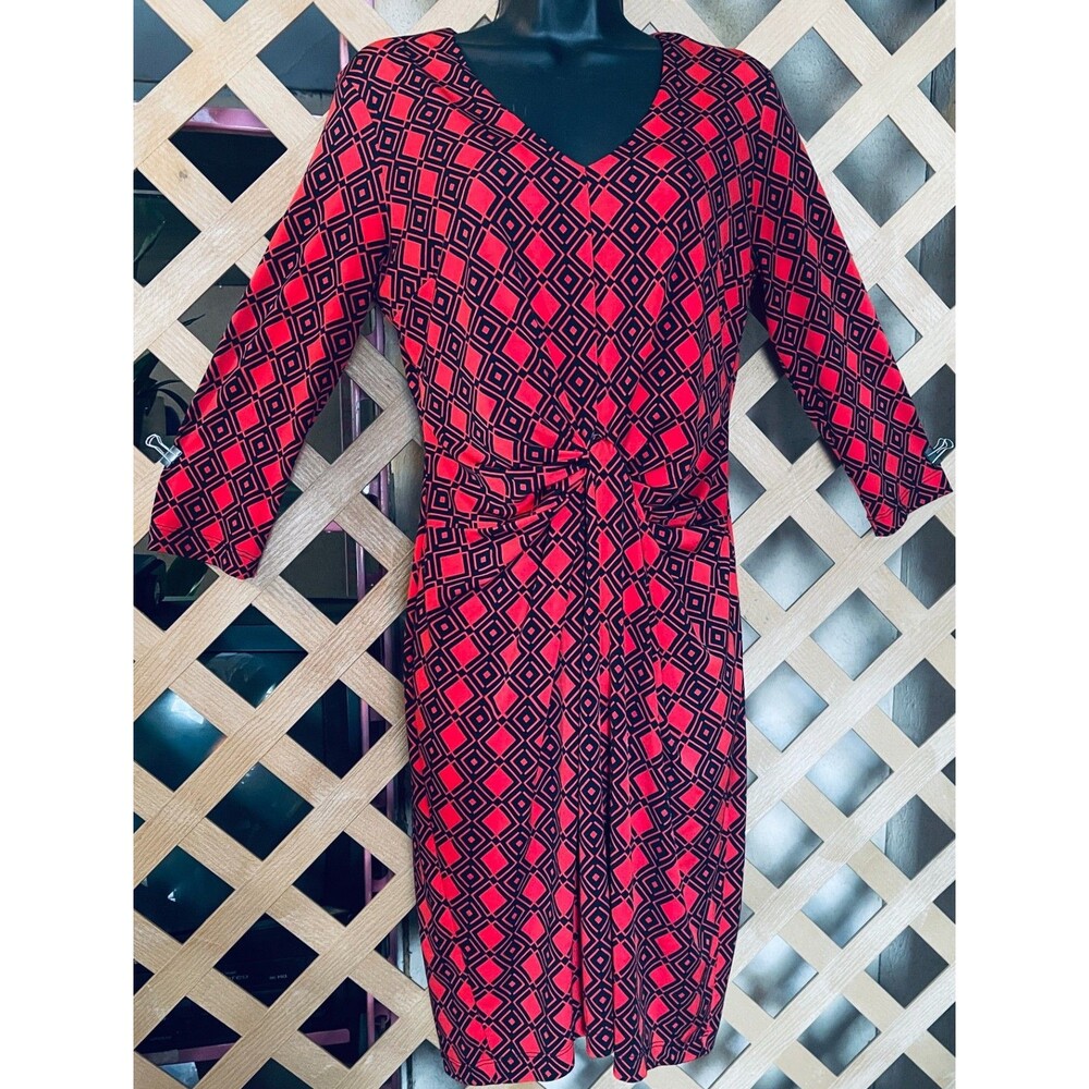 Karen Kane 4L60547 Tangerine Red Diamond Print Stretch Jersey Tiffany Dress M